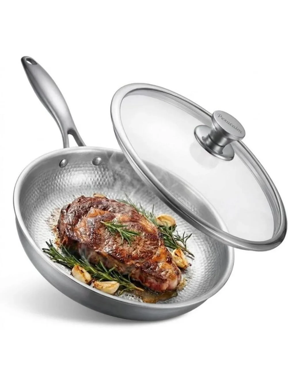 11.8” Non-Stick Titanium Frying Pan with Lid - 3-Ply Hammered Skillet